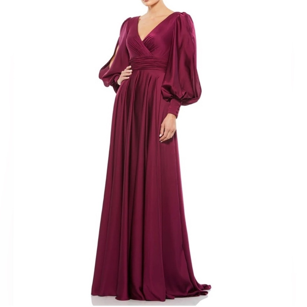 MAC DUGGAL Wine Satin Wrap Top Long Bishop Sleeve Formal Maxi Gown - Reemoly